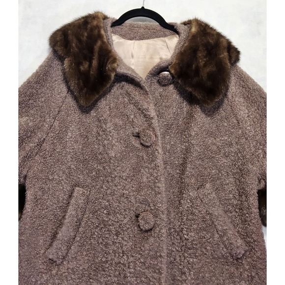 Vtg Swing Coat L /  12 / 14 Wool Capelet Cape Mink Fur 50s 60s Brown Boucle - Picture 2 of 9
